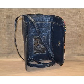 Portfel torebka skórzana granatowa z kwiatowym kolorowym haftem